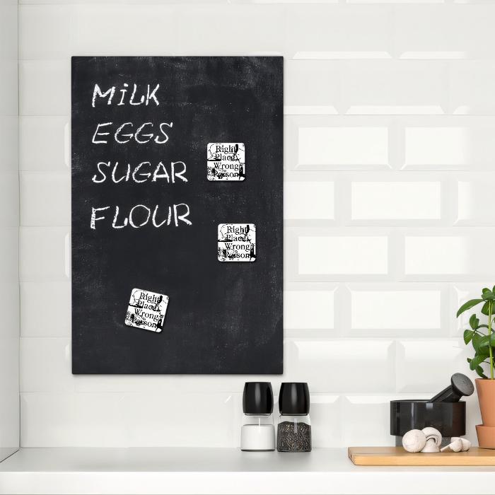 magnetic board with RM album RPWP magnets on a kitchen desk