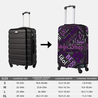 An image of a sizetable of suitcase covers with designs inspired by K-pop BTS