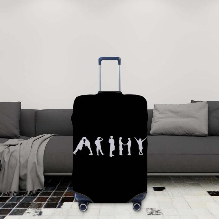 Black suitcase cover with BTS ARMy design in middle of livingroom