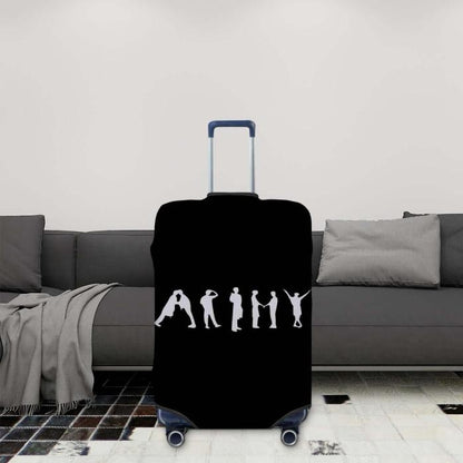 Black suitcase cover with BTS ARMY sign design in middle of livingroom