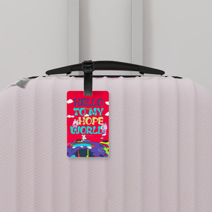 Hobi world luggage tag on a suitcase 