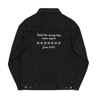 back of black denim jacket:  “Until the spring day comes again June 2025” and BTS Bangtan logo on front.