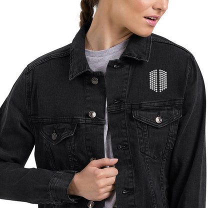 Zoomed in Black denim jacket with BTS Bangtan logo on front and comeback message modeled by a woman.