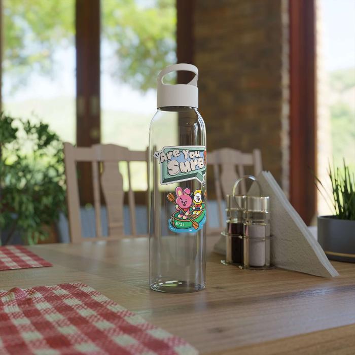 Clear white water bottle chimmy cooky design on a table