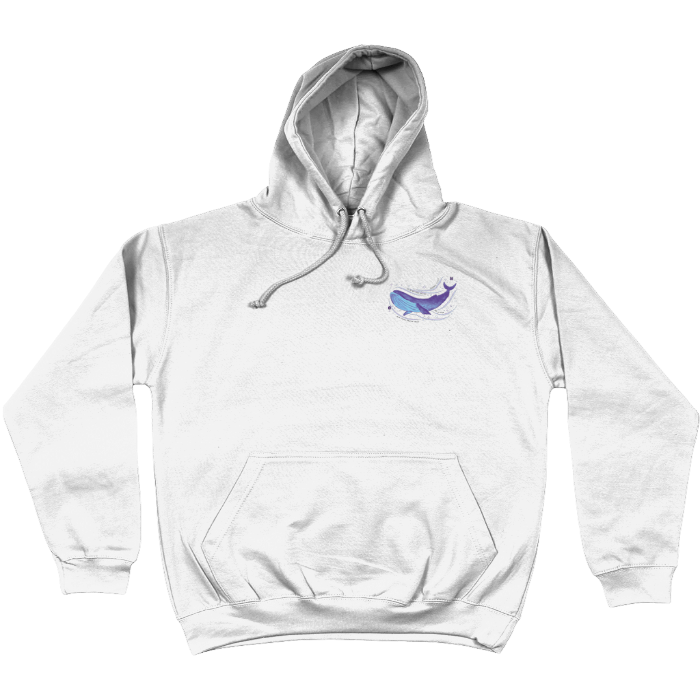 Close-up of white BTS Whalien 52 hoodie design in purple, highlighting the whale graphic.