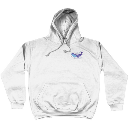 Close-up of white BTS Whalien 52 hoodie design in purple, highlighting the whale graphic.